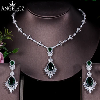 ANGELCZ Vintage African Cubic Zirconia Stone Wedding Jewelry For Women Dark Green Gem Long Drop Necklace Earrings Sets AJ051
ANGELCZ Vintage African Cubic Zirconia Stone Wedding Jewelry For Women Dark Green Gem Long Drop Necklace Earrings Sets AJ051