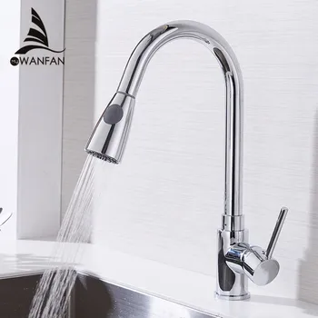 WANFAN Silver Single Handle Kitchen Faucet Pull Out Single Hole 360 Rotate Chrome