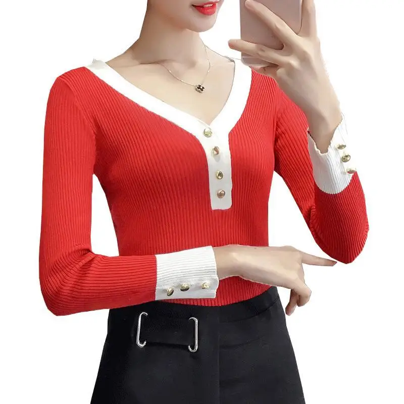 UPPIN 2019 autumn winter the new V-neck sweater women's head button long-sleeved slim bottoming shirt | Женская одежда