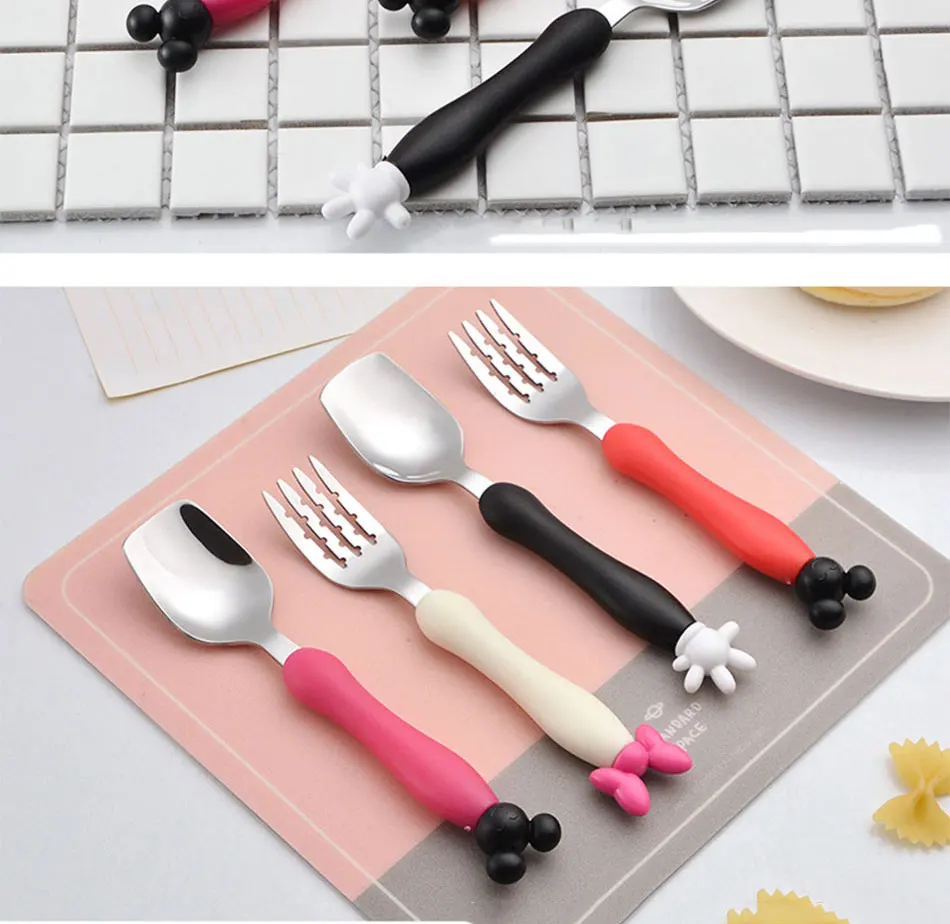 Lovely Cartoon Stainless Steel Mickey Minnie Fork Kids Dinnerware Tableware Set Child Baby Soft Silicone Handle Children Cutlery (8)