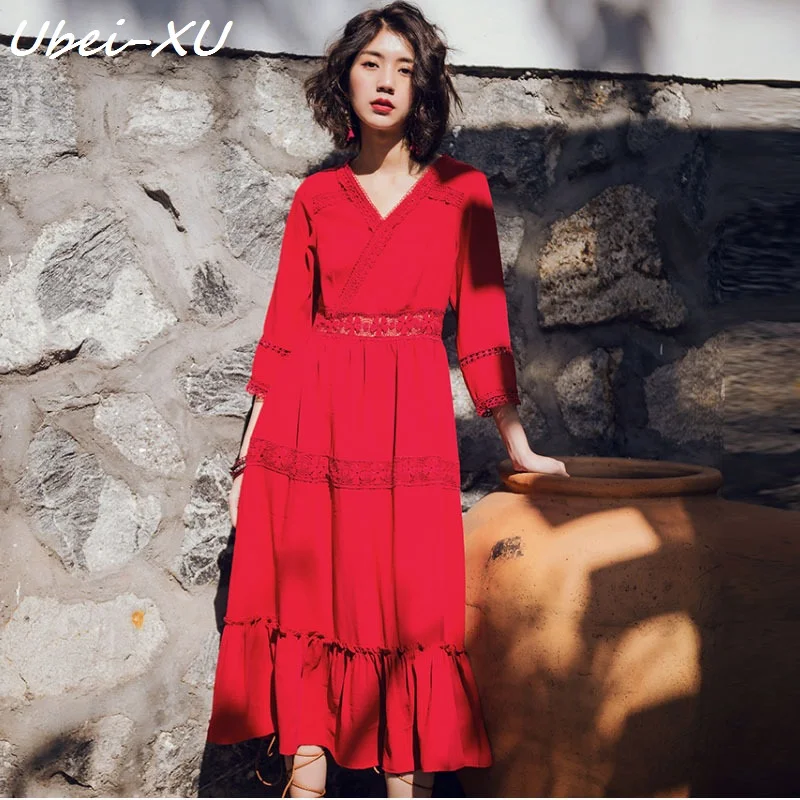 Ubei 2019 V-neck High waist lace beach dress summer new seaside plus size XL resort dress slim red long cotton dress fashion
Ubei 2019 V-neck High waist lace beach dress summer new seaside plus size XL resort dress slim red long cotton dress fashion