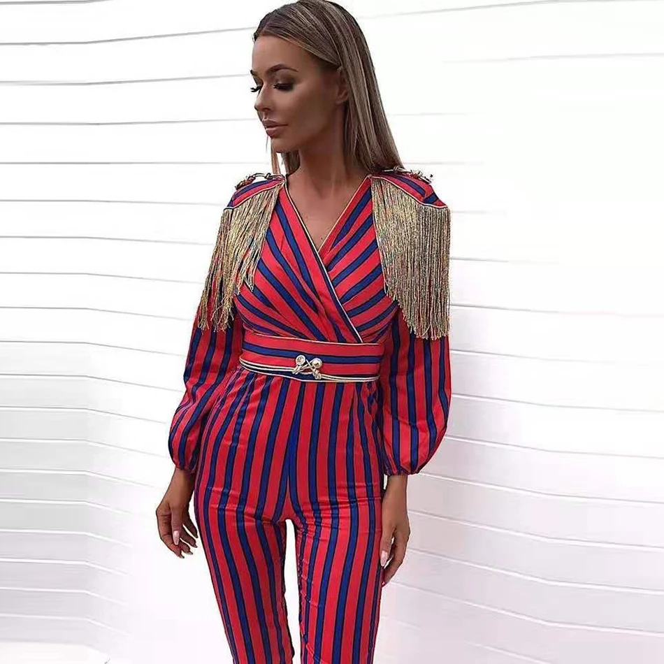 2019 new spring long-sleeved tassel jumpsuit ladies overalls sexy blue red striped jumpsuit celebrity party Bodycon jumpsuit
2019 new spring long-sleeved tassel jumpsuit ladies overalls sexy blue red striped jumpsuit celebrity party Bodycon jumpsuit