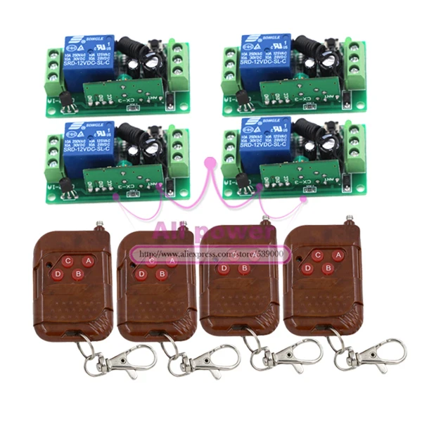 Fixed code 12V 1CH 4pcs Transmitter+ 4pcs Receiver RF Wireless Remote Control Switch
Fixed code 12V 1CH 4pcs Transmitter+ 4pcs Receiver RF Wireless Remote Control Switch