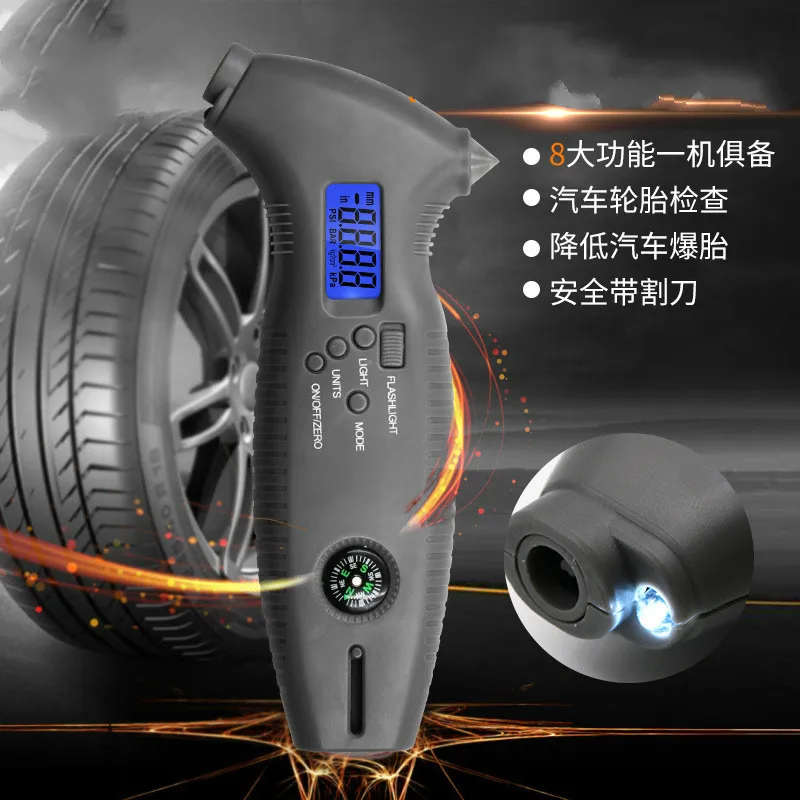 Multi-functional digital tire pressure gauge with safety hammer backlight cutter octagonal barometer car tread
Multi-functional digital tire pressure gauge with safety hammer backlight cutter octagonal barometer car tread