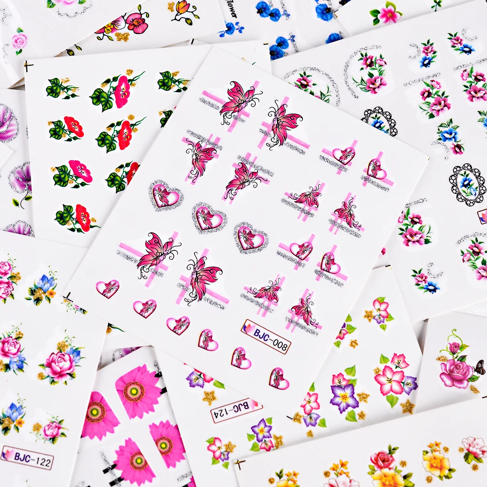 55pcs New Latest Nail Art Glitter Tips Flower Designs with Gold Powder Nail Art Sticker Decals Watermark DIY Manicur (4)