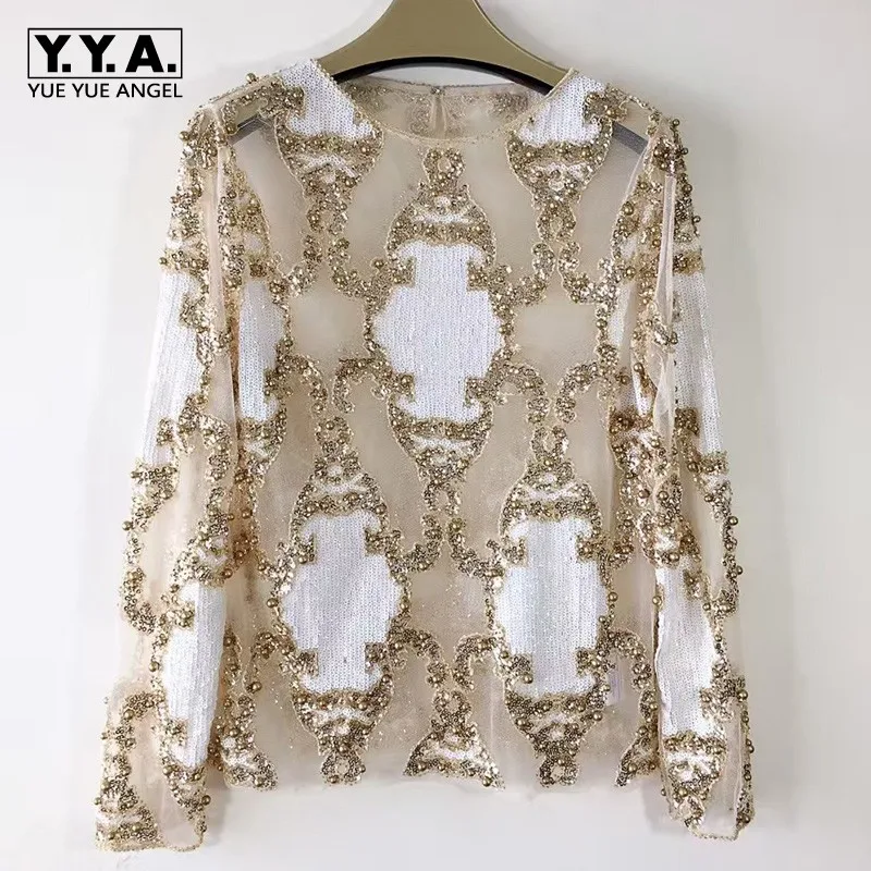 HIGH QUALITY New 2019 Runway Designer Tops Women's Perspective Luxury Handwork Sequined Beading Top T-shirt Woman
HIGH QUALITY New 2019 Runway Designer Tops Women's Perspective Luxury Handwork Sequined Beading Top T-shirt Woman