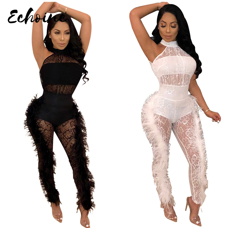 Echoine Black/White Lace Mesh Sheer Feather Side Halter Jumpsuit Women Off Shoulder Sleeveless Night Club Party Outfits S-XXL
Echoine Black/White Lace Mesh Sheer Feather Side Halter Jumpsuit Women Off Shoulder Sleeveless Night Club Party Outfits S-XXL