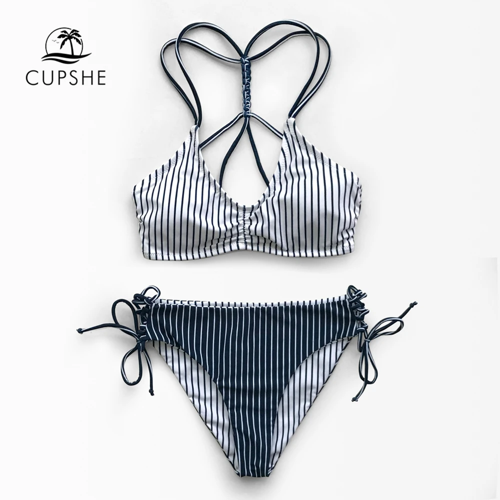 

CUPSHE Navy And White Stripe Strappy Lace-Up Bikini Sets Women Sexy Two Pieces Swimsuits 2019 Girl Cute Bathing Suits