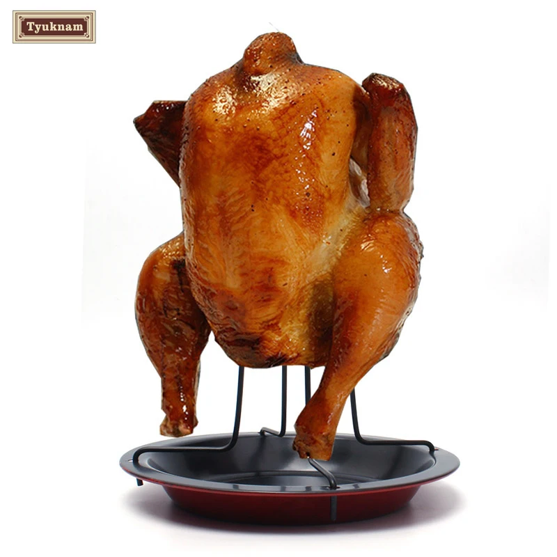 Image Steel Beer Can Chicken Turkey Roaster Oven Rotisserie BBQ Grill Rack Stand Holder Tray Turkey Vertical Poultry Roaster Rack Xmas