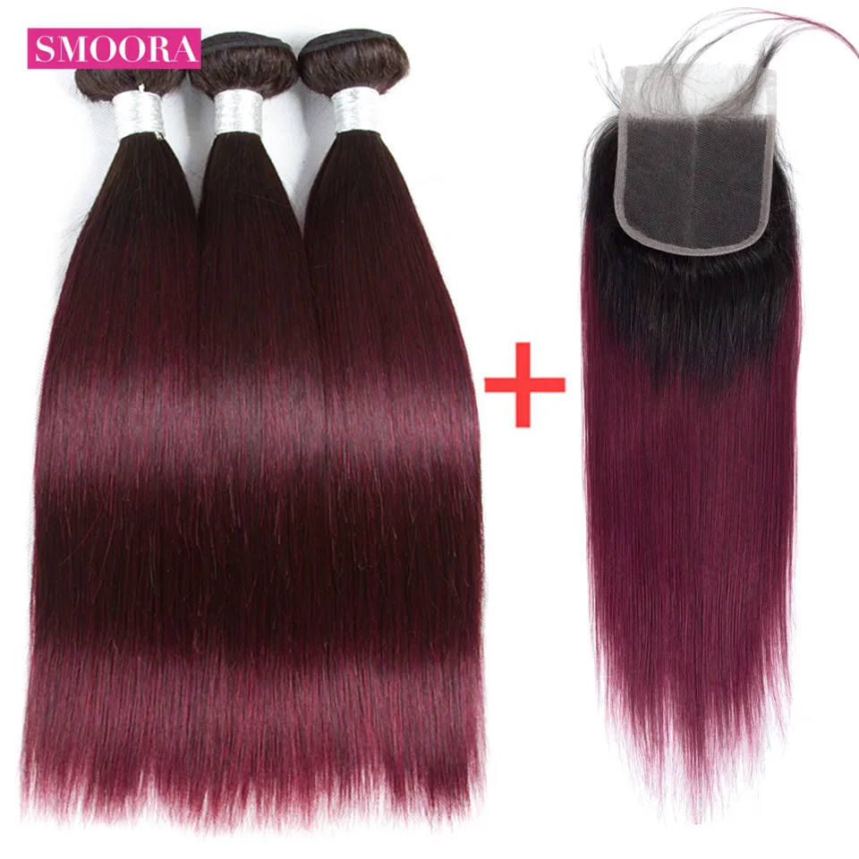 ombre straight hair 1b 99j 3 bundle hair with closure middle part
