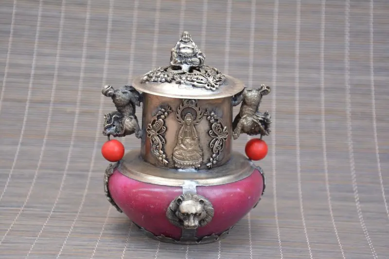 

Antique Old QinDyansty silver&jade censer,Kirin & Butterfly & Lion, bring good luck, get rid of evil,Free shipping