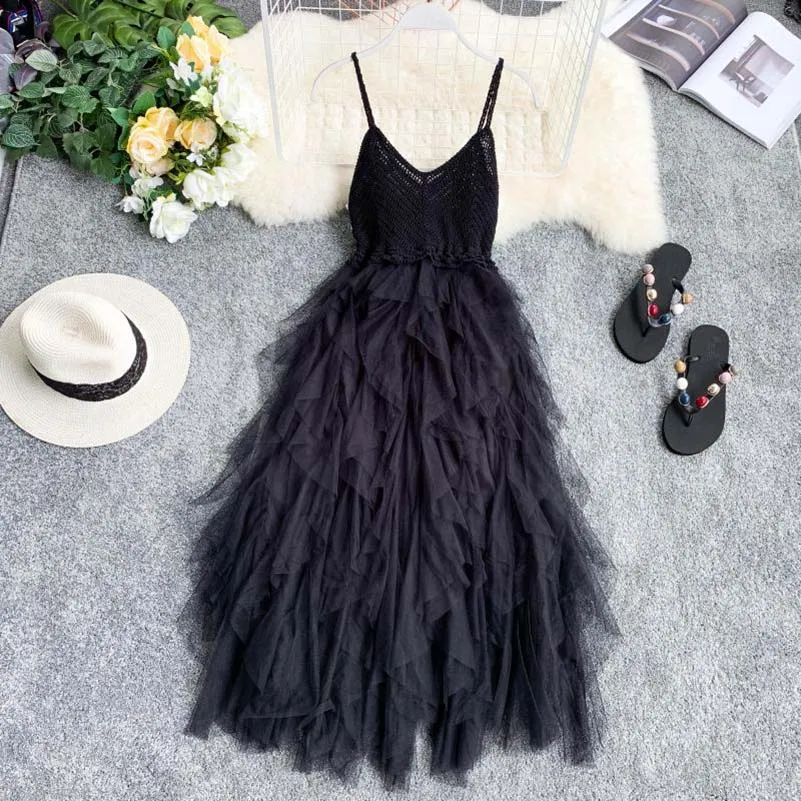2019 гофрированное платье новое женское Тюлевое Летнее Сетчатое с высокой талией
