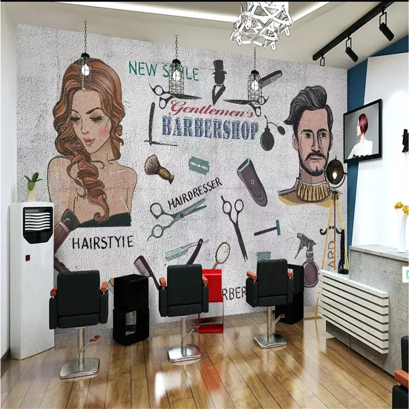 

Wall Paper 3D European Hand-painted Barber Shop Hair Salon Cement Wall Brick Wall Industrial Decor Mural Wallpaper 3D Murals