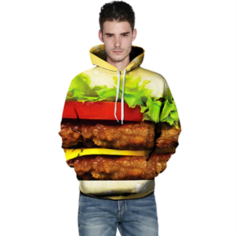 Harajuku 3D Print hamburger Sweatshirts Fashion Long sleeve with hat Men Women Cute Soft Hoodies Cartoon Hoody Hooded Pullover | Женская