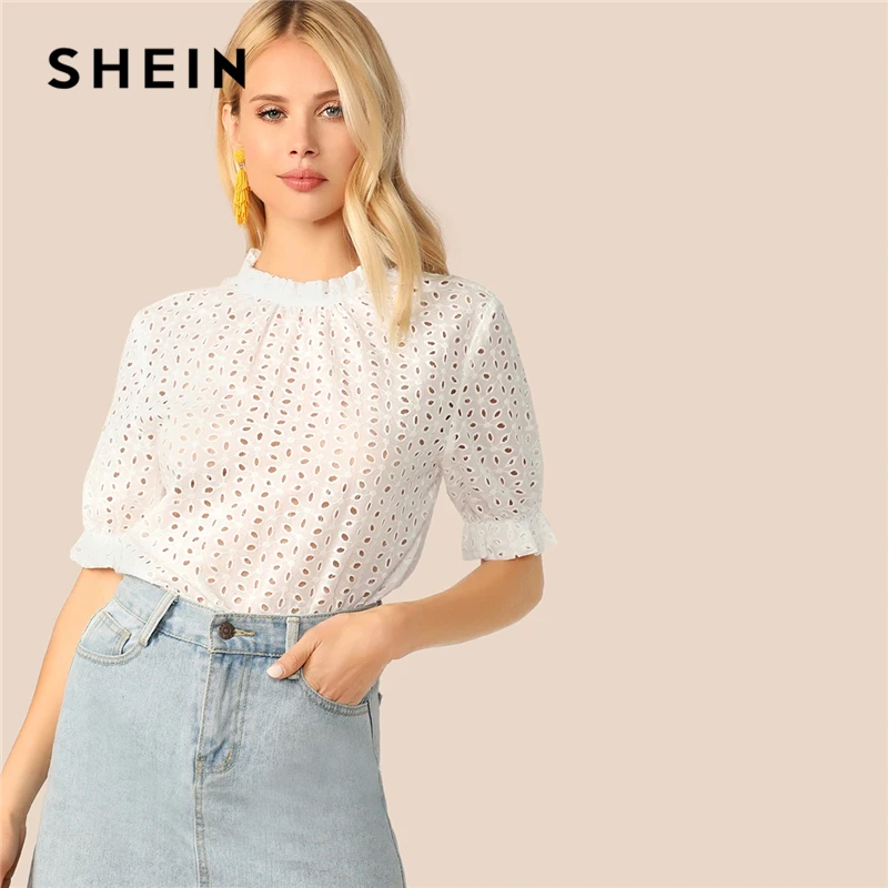

SHEIN Elegant White Frilled Mock Neck Puff Sleeve Schiffy Top Blouse Women 2019 Summer Keyhole Back Solid Office Lady Blouses