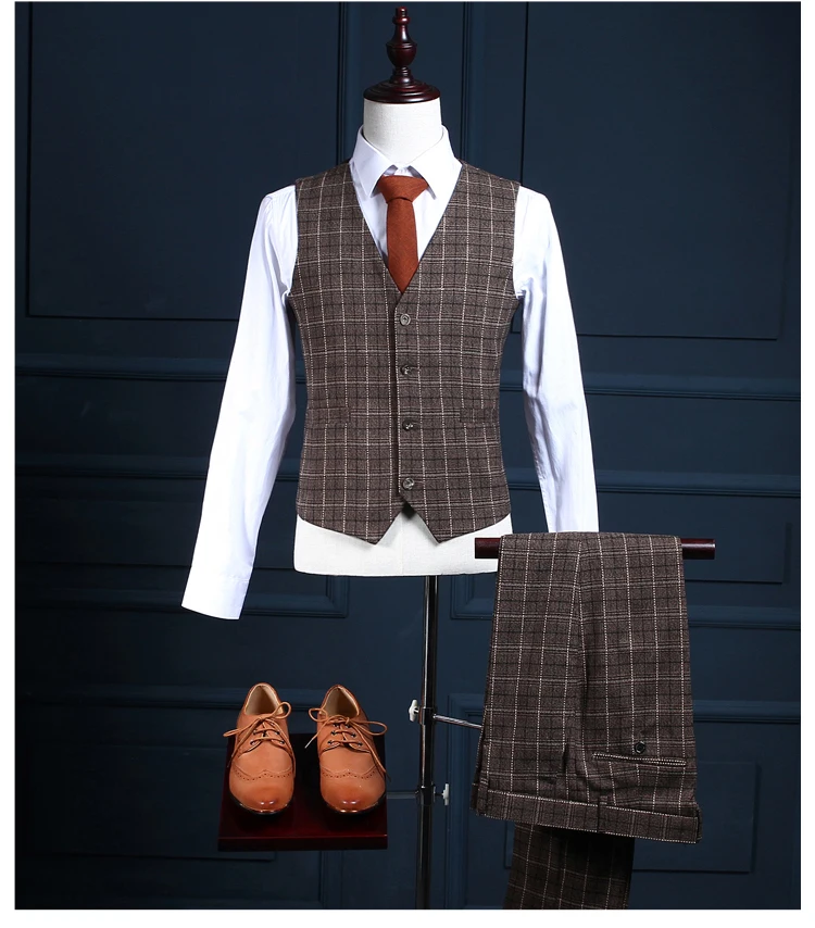 Image Custom Top Quality Brand Vest Suits Men Suit Pants Brown Plaid Male Vests Tuxedos Wedding Groom Prom Masculino Suits