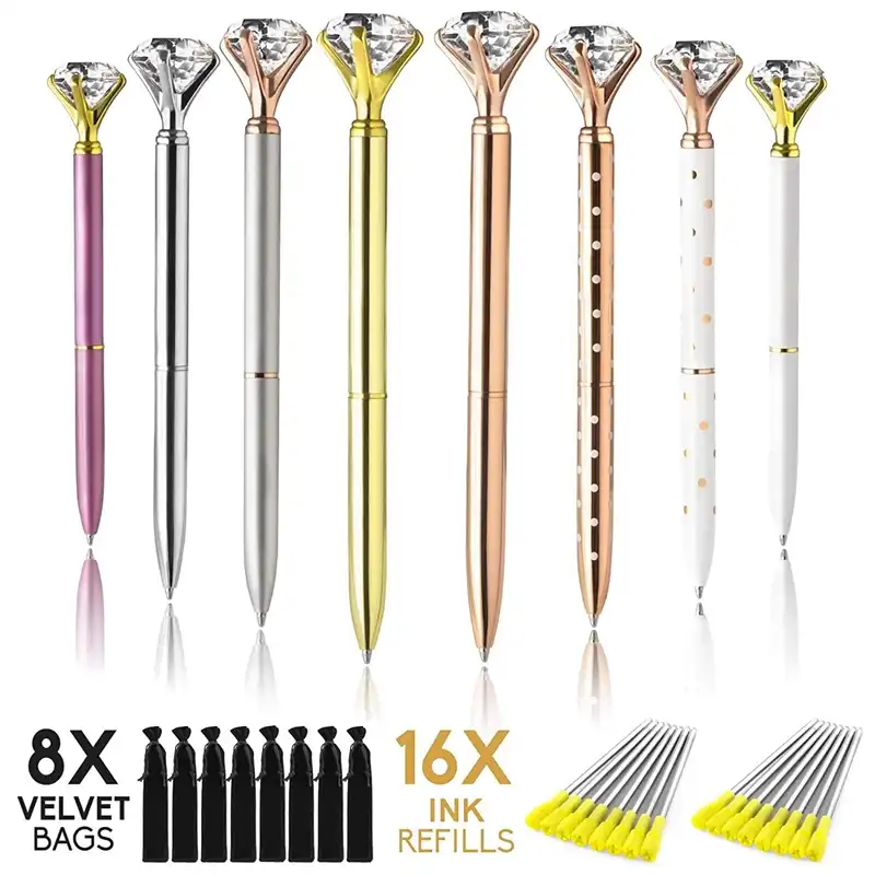black) 8 novelty jewel pens with 8 velvet gift bags for women