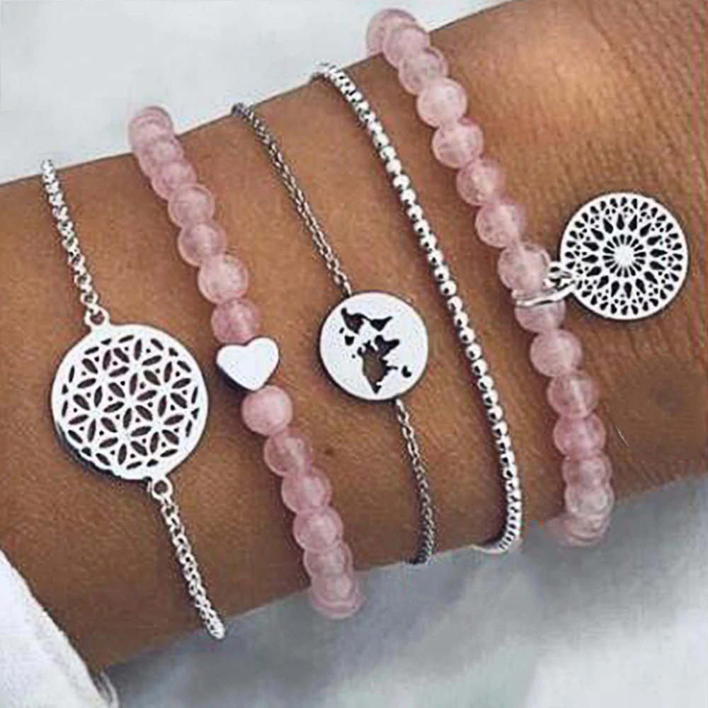 5 pcs/set Women Exquisite Peach Heart Pink Beads Hollow Round Map Star Plate Pendant Silver Bracelet Set Female Birthday Gift
5 pcs/set Women Exquisite Peach Heart Pink Beads Hollow Round Map Star Plate Pendant Silver Bracelet Set Female Birthday Gift