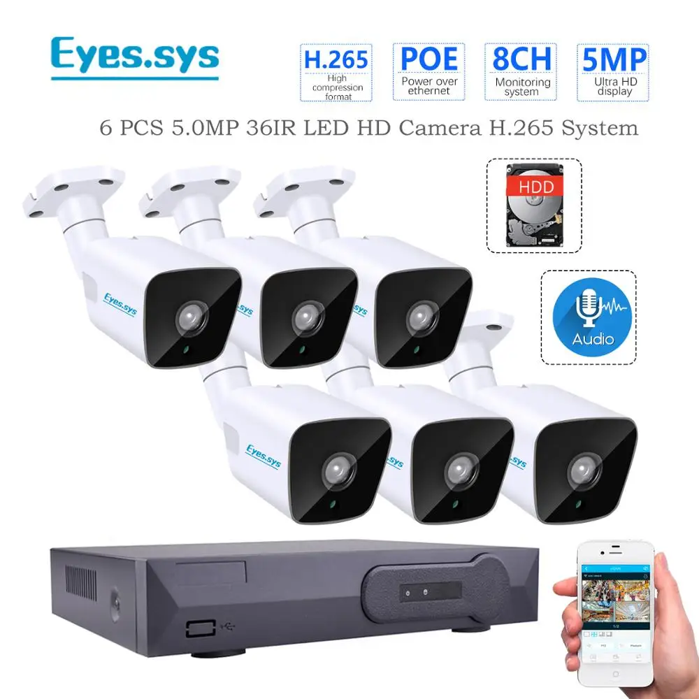 Фото Eyessys H.265 6 шт. 5MP 2560x1920P IR Открытый IP ночного видения AUDID камера камеры