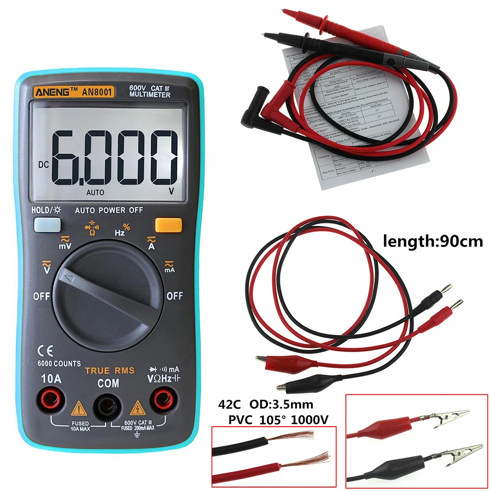 ANENG AN8001 Digital Multimeter 6000 counts Backlight AC/DC Ammeter Voltmeter Ohm Alligator clip jumper wire test lead
ANENG AN8001 Digital Multimeter 6000 counts Backlight AC/DC Ammeter Voltmeter Ohm Alligator clip jumper wire test lead