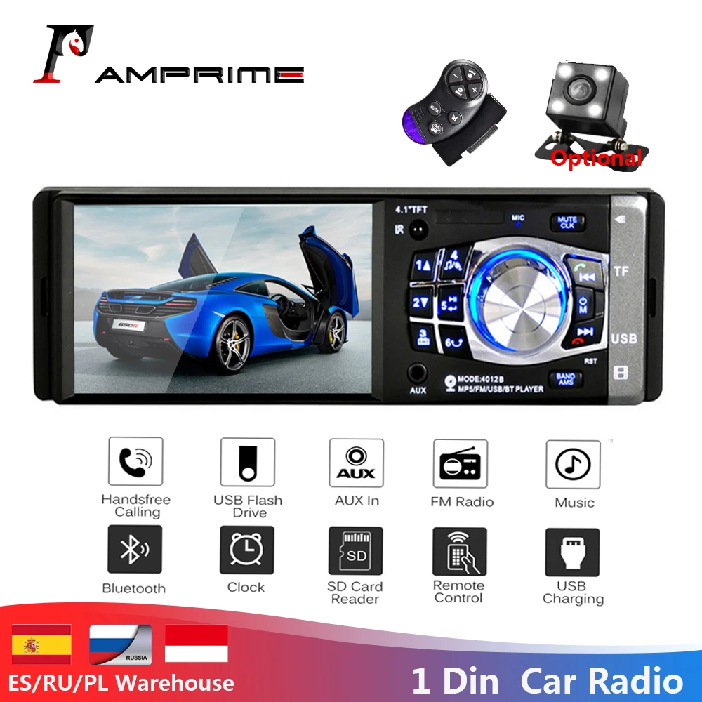 Автомагнитола AMPrime 1 Din 4 дюйма FM радио Bluetooth USB AUX MP3 плеер с поддержкой камеры и