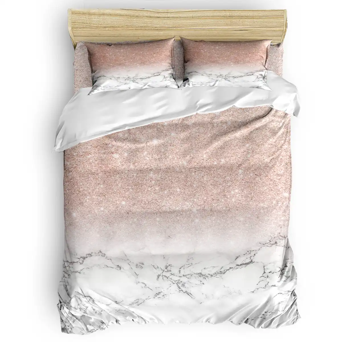 Modern Faux Rose Gold Pink Glitter Texture White Marble Duvet