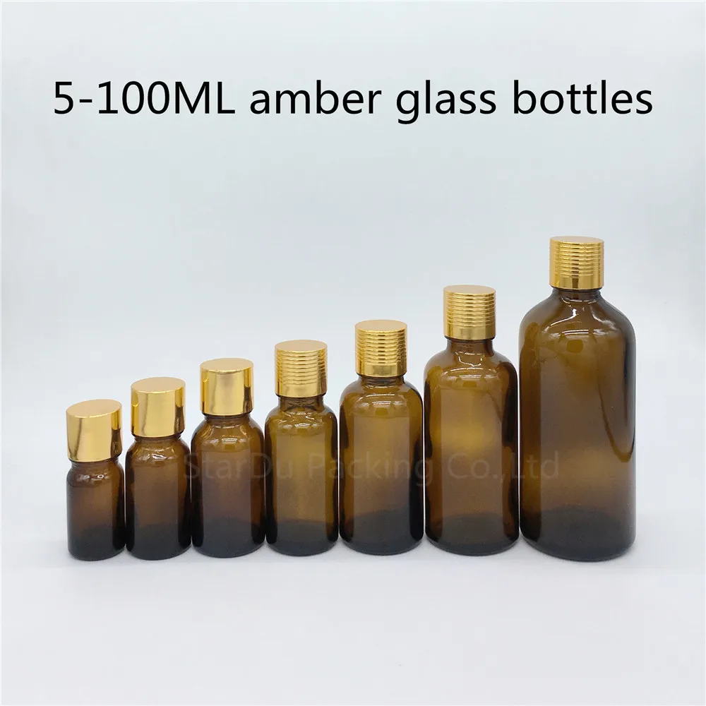 

5ml 10ml 15ml 20ml 30ML 50ml 100ml Amber Glass Bottle Vials Essential Oil Bottle With Gold Screw Cap Perfume Bottles