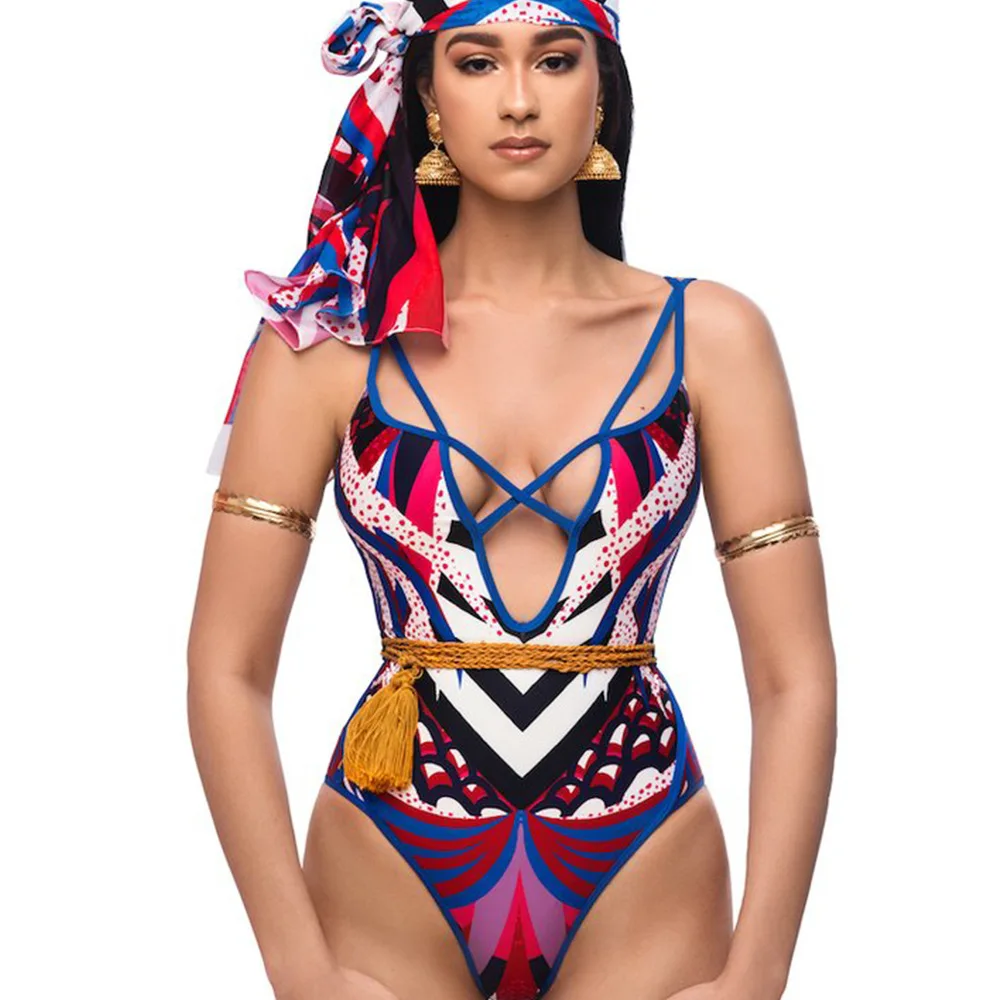 

Ethnic Style Sexy V Neck Bandage One Piece Swimsuit Women Swimwear Cut Out Monokini Bathing Suit Tribal Print Bikinis Beach Wear