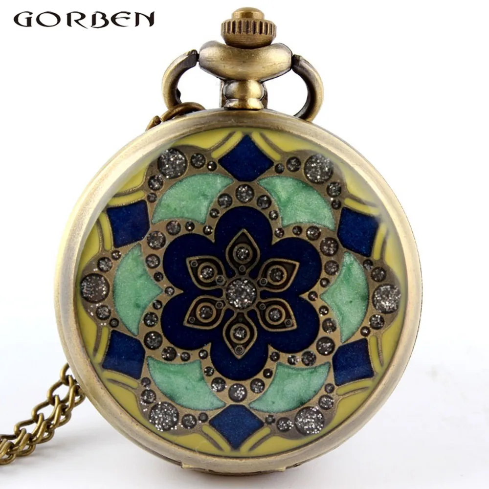 

Green Jade Crystal Quartz Big Pocket Watch Necklace Pendant Chain Mens Gift P52