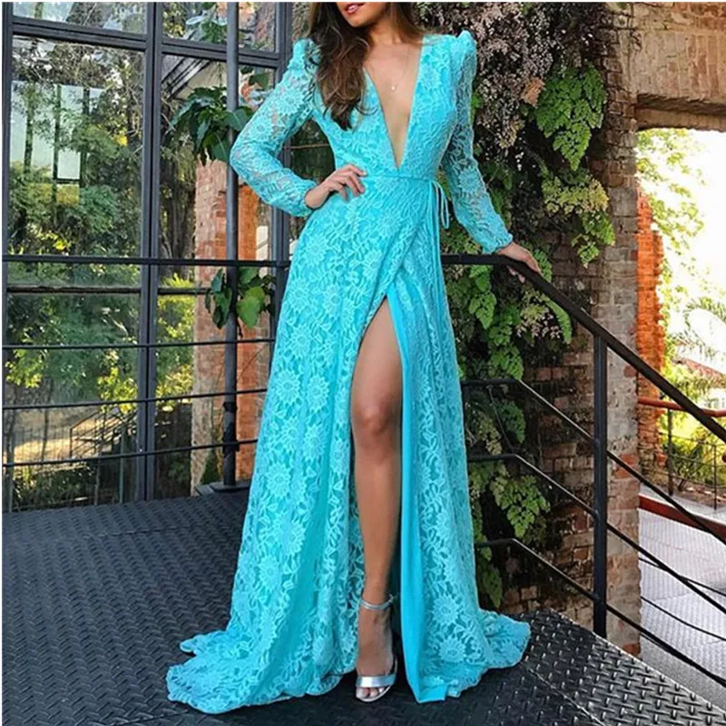 Elegant Long Sleeve Lace Evening Dresses Long Sexy Deep V-Neck Slit Formal Evening Party Gowns Sky Blue Robe De Soiree
Elegant Long Sleeve Lace Evening Dresses Long Sexy Deep V-Neck Slit Formal Evening Party Gowns Sky Blue Robe De Soiree