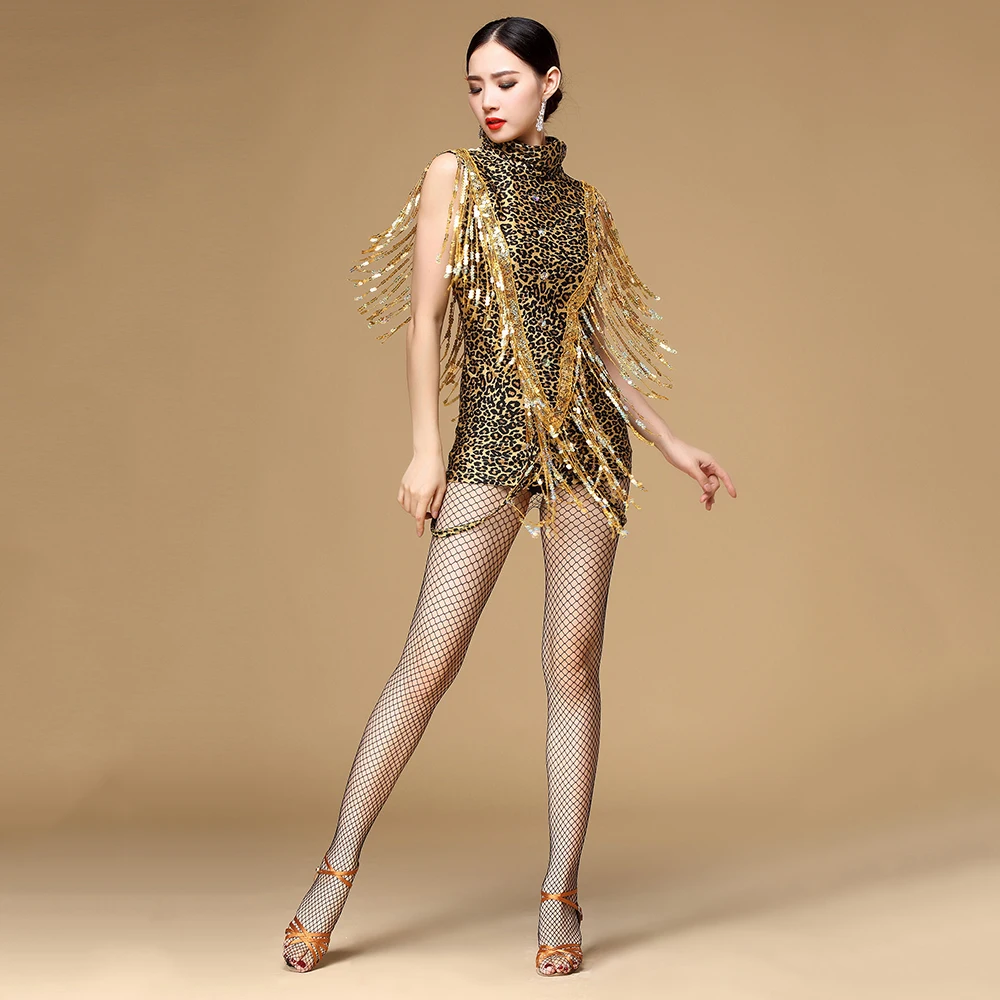 2018 Sexy New Lady Latin Dance Dress Backless Leopard Tiger V-Letter Sequins-Tassels Vestidos Para Meninas Rumba Samba Salsa |