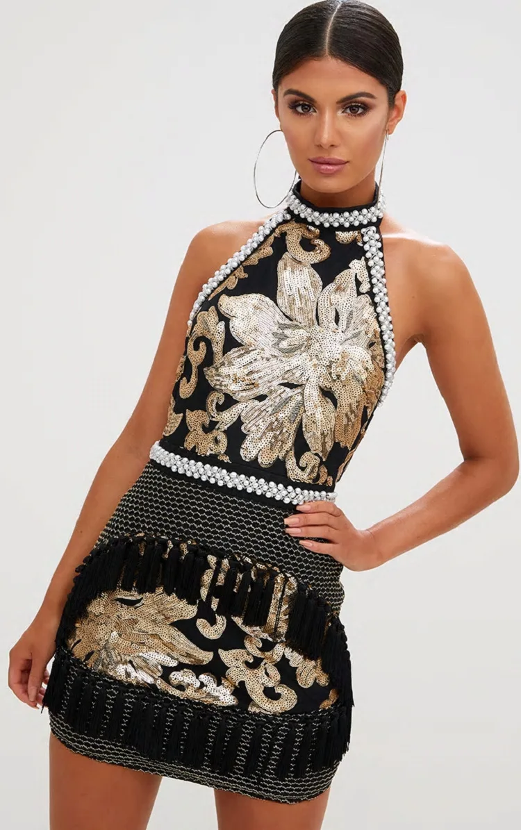 Top Quality New Style Halter Bandage Dress Sexy Women Fashion Celebrity Evening Party Sequined Beading Mini Bodycon Dresses
Top Quality New Style Halter Bandage Dress Sexy Women Fashion Celebrity Evening Party Sequined Beading Mini Bodycon Dresses
