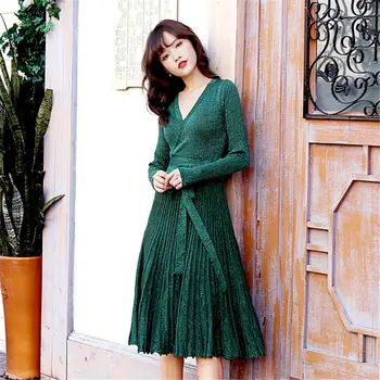 Sexy V Neck Wrap Women Sweater Dress Knit Bright Silk Long Sleeve Women Vintage Dress A line Elegant Pleated Vestidos f1026
Sexy V Neck Wrap Women Sweater Dress Knit Bright Silk Long Sleeve Women Vintage Dress A line Elegant Pleated Vestidos f1026