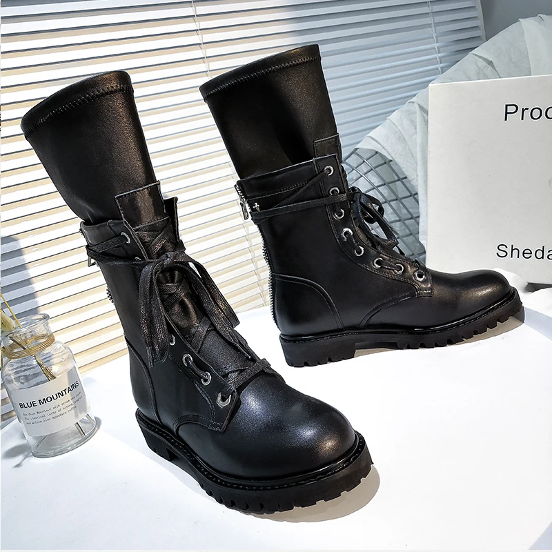 2019 Autumn Winter Boots Women Round Toe Solid Black Lace Up Motorcycle Platform Boots Ladies Botas Largas Dama
2019 Autumn Winter Boots Women Round Toe Solid Black Lace Up Motorcycle Platform Boots Ladies Botas Largas Dama