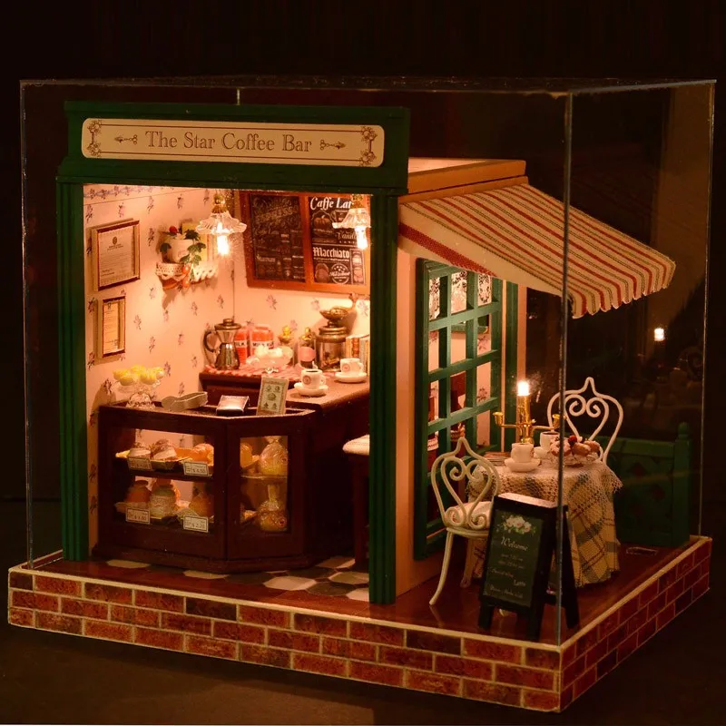Image DIY Wooden Doll House With Furniture LED Kit Dollhouse Model Kit Star Cafe Coffee Bar Break Shop Light Music With Cover Store