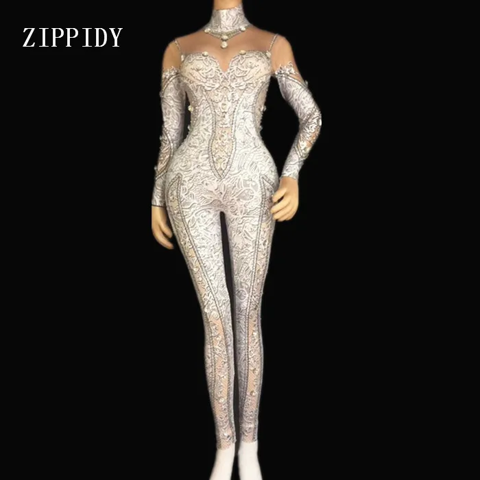 Fashion Printed Spandex Stretch Crystals Jumpsuit Sexy Rhinestones Leggings One Piece Women's Stage Costume Nightclub Bar Dress 
Fashion Printed Spandex Stretch Crystals Jumpsuit Sexy Rhinestones Leggings One Piece Women's Stage Costume Nightclub Bar Dress