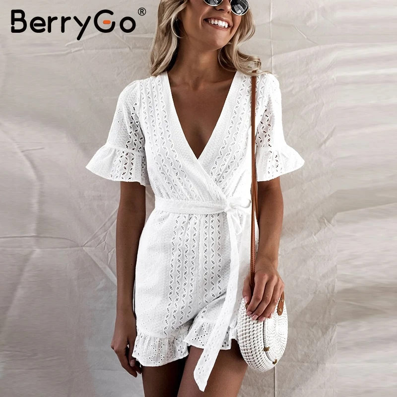 BerryGo Sexy v-neck ruffle lace summer romper jumpsuit women Casual holiday hollow out embroidery playsuit Elegant beach rompers
BerryGo Sexy v-neck ruffle lace summer romper jumpsuit women Casual holiday hollow out embroidery playsuit Elegant beach rompers