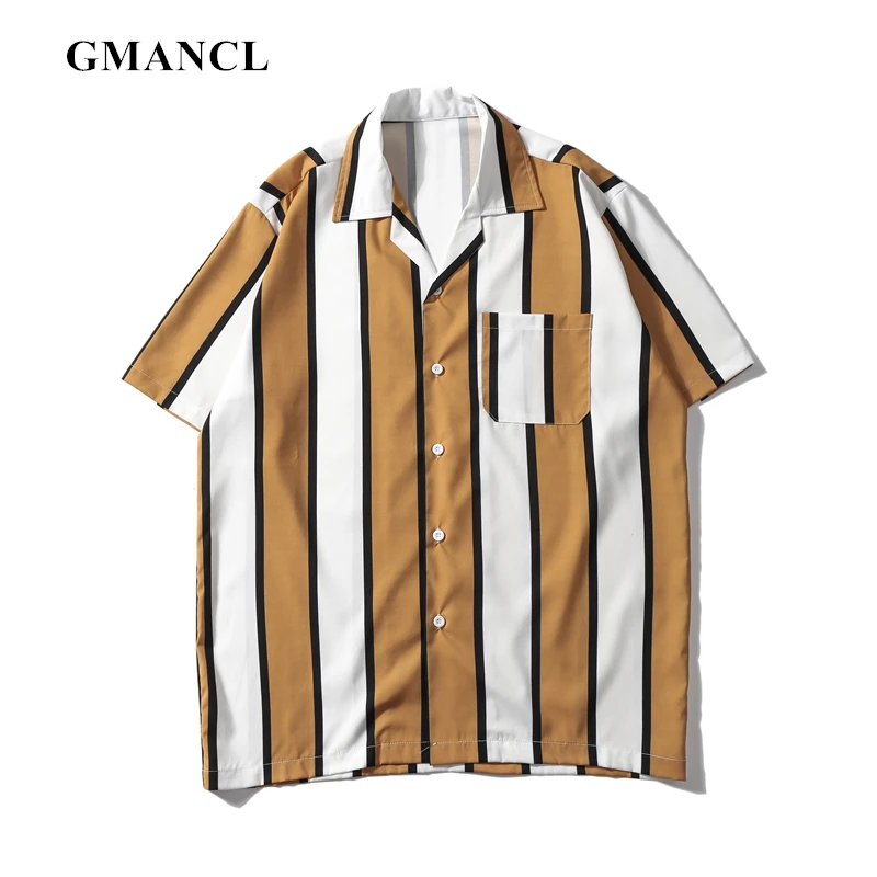 2019 New Summer Men Hip Hop Vertical Striped Holiday Thin Short sleeve Beach Shirts Streetwear Harajuku Loose Turn-down Shirt
2019 New Summer Men Hip Hop Vertical Striped Holiday Thin Short sleeve Beach Shirts Streetwear Harajuku Loose Turn-down Shirt