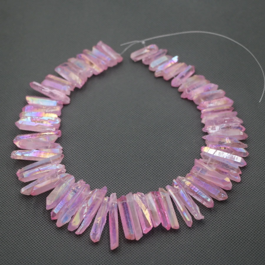 

Approx 54pcs/strand Natural Raw Pink AB Quartz Crystal Point Pendant, Rough Top Drilled Spike Gem Beads Crystal Women Necklace