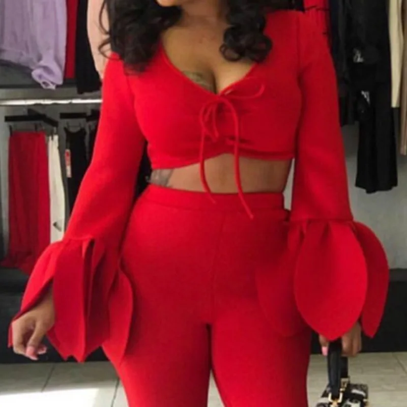 red two piece set suit Sexy V Lead Long Sleeve Petal Sleeve bell bottom Trousers high waist ladies two piece set top and pants
red two piece set suit Sexy V Lead Long Sleeve Petal Sleeve bell bottom Trousers high waist ladies two piece set top and pants