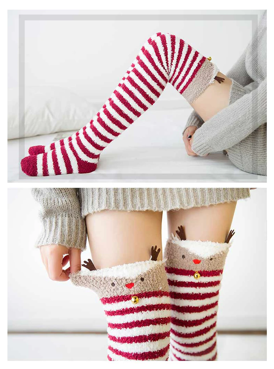 2019 New Winter Coral Velvet Knee Pads Ladies Cute Comfortable Thick Warm Towel Leggings Women's Stockings Striped Sleeping Sock (4)