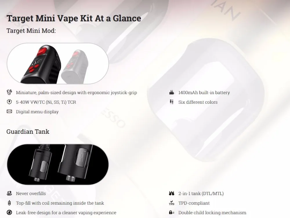 Original Vaporesso Target Mini MTL Vape Kit 1400mAh E-Cigarette Battery with Guardian Tank 2ml CCELL GD Ceramic SS316 Coil