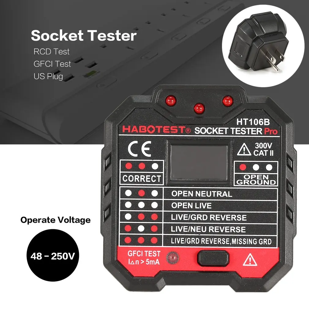 HABOTEST HT106B/ HT106D/HT106E Socket Testers Voltage Test Socket detector EU/UK Plug Ground Zero Line Plug Polarity Phase Check
HABOTEST HT106B/ HT106D/HT106E Socket Testers Voltage Test Socket detector EU/UK Plug Ground Zero Line Plug Polarity Phase Check