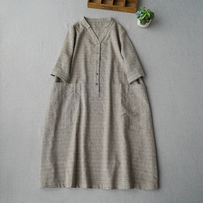 Summer New Women Casual Loose Plus Size Mori Girls Japanese Style Striped V-neck Comfortable Linen Pullover Dresses 2 Colors
Summer New Women Casual Loose Plus Size Mori Girls Japanese Style Striped V-neck Comfortable Linen Pullover Dresses 2 Colors