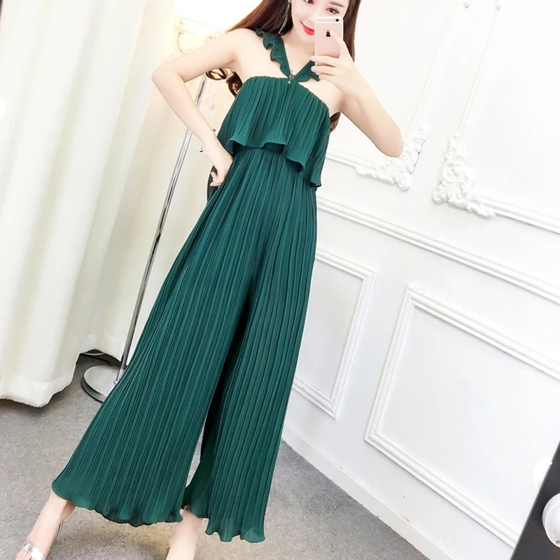 FMFSSOM Summer Women Spaghetti Strap Ruffled Halte Backless Chiffon Pleated Wide Leg Pants Solid Full Length Jumpsuit
FMFSSOM Summer Women Spaghetti Strap Ruffled Halte Backless Chiffon Pleated Wide Leg Pants Solid Full Length Jumpsuit