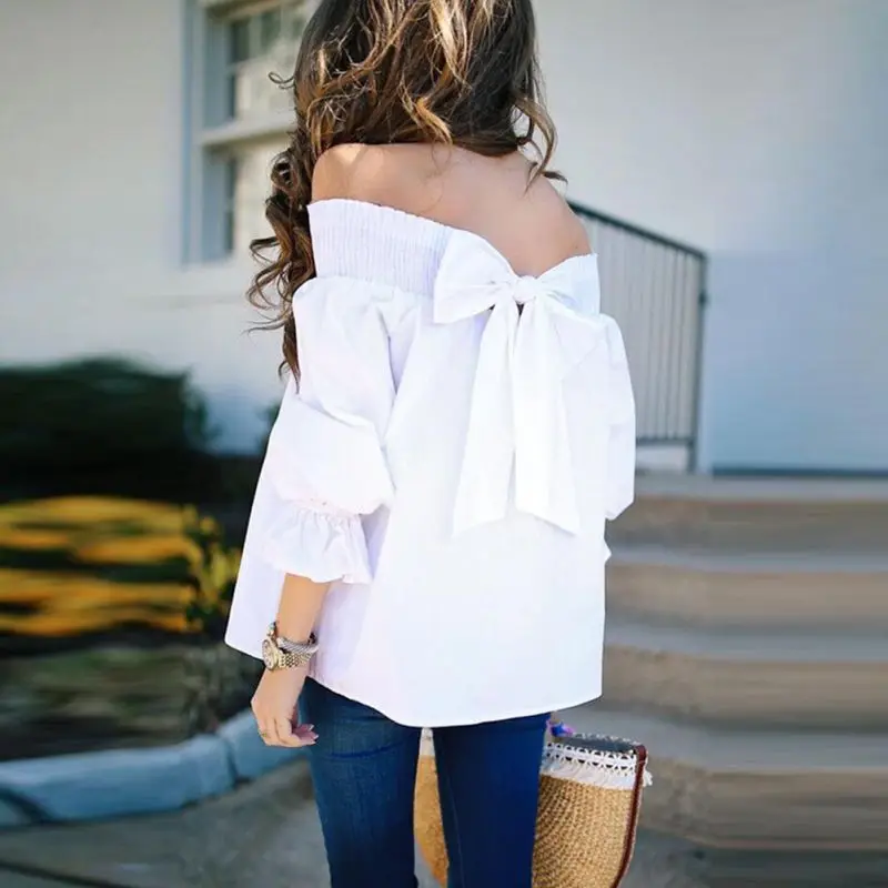 Sexy Tops Off Shoulder Back Bowknot Blouse And Shirts Summer Strapless Women Ruffle Sleeve Pleat Tops Casual Loose Blusas
Sexy Tops Off Shoulder Back Bowknot Blouse And Shirts Summer Strapless Women Ruffle Sleeve Pleat Tops Casual Loose Blusas