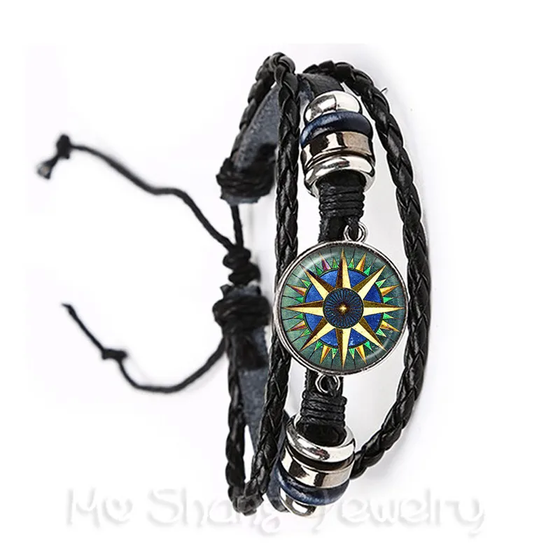 Steampunk Compass Pattern Glass Cabochon Bracelet Vintage Braided Black/Brown 2 Color Leather Travel Lover Gift | Украшения и