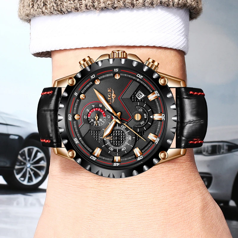 LIGE Top Brand Luxury Watch Men Fashion Casual Leather Watches Mens Military Sport Waterproof Quartz Relogio Masculino+Box | Наручные