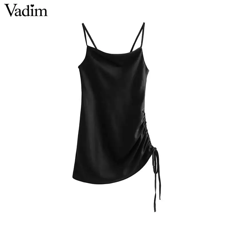 Vadim women Sexy black mini dress drawstring tie spaghetti straps sleeveless backless irregular dresses solid vestidos QB541
Vadim women Sexy black mini dress drawstring tie spaghetti straps sleeveless backless irregular dresses solid vestidos QB541