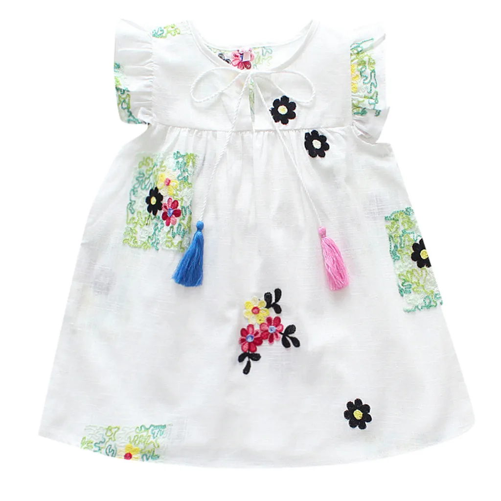 Фото Baby Girls Summer Princess Dresses Toddler Kids Floral Ruffled Embroideried Tassel Casual Dress | Детская одежда и обувь
